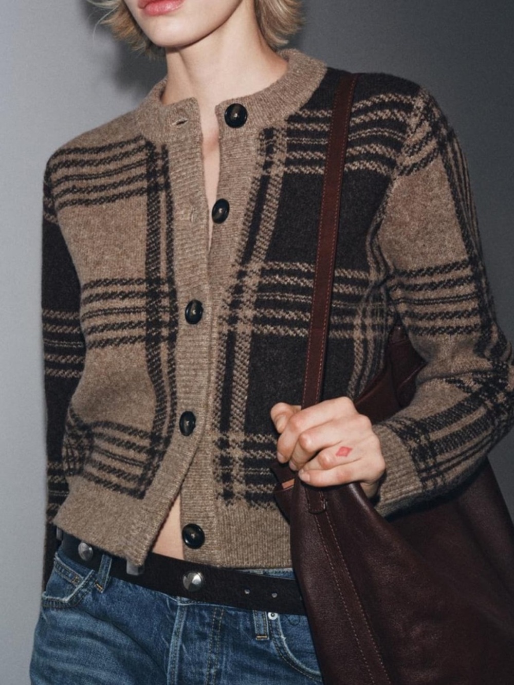 Zara Brown and Black Plaid Button-Up Wool Cardigan